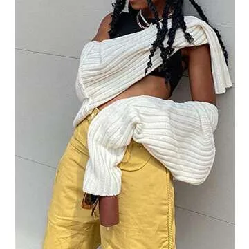 LOFAAC Women Y2K Open Front Rib Knit Shrug Crop Cardigan Solid Drop Shoulder Puff Long Sleeve Sweater Tops Outerwear(L,US,Women,White)