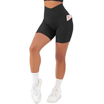 SUUKSESS Women Cross Waist Workout Shorts with Pockets Ribbed High Waisted Booty Biker Shorts (#1 Black, L)