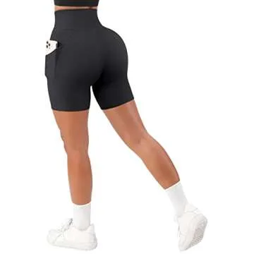 SUUKSESS Women Cross Waist Workout Shorts with Pockets Ribbed High Waisted Booty Biker Shorts (#1 Black, L)