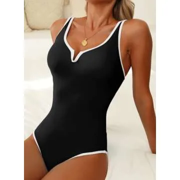 Herseas Women's One Piece Swimsuit Tummy Control Slimming 2025 Summer Bathing Suit Color Block 1 Piece Swim Suit Swimwear Black Medium