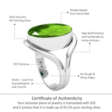 JEWELOPORIUM Green Peridot Quartz Silver Ring Size 6