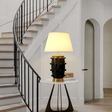 CKENSU Modern Ceramic Linden Table Lamp - 30" Black Ball Farmhouse Design, Classic Nightstand Large Linden Lamp Tapered Drum Shade for Living Room, Bedroom, Office, and Home （Black）