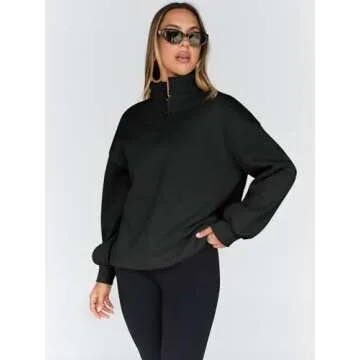 Trendy Queen Womens Oversized Sweatshirts Fall Fashion Hoodies Half Zip Pullover Long Sleeve Shirts Clothes Outfits Black M