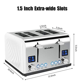 Toaster 4 Slice, KitchMix Bagel Stainless Toaster with LCD Timer, Extra Wide Slots, Dual Screen, Removal Crumb Tray (White)