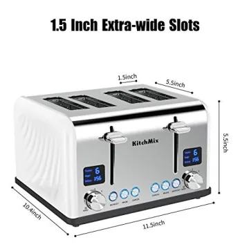 Toaster 4 Slice, KitchMix Bagel Stainless Toaster with LCD Timer, Extra Wide Slots, Dual Screen, Removal Crumb Tray (White)
