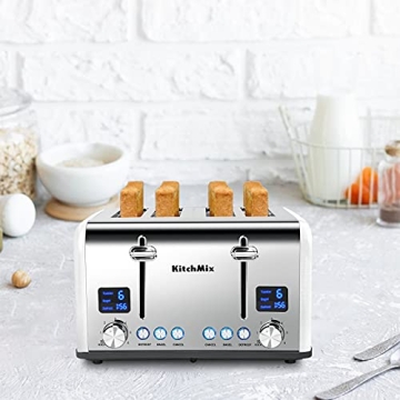 Toaster 4 Slice, KitchMix Bagel Stainless Toaster with LCD Timer, Extra Wide Slots, Dual Screen, Removal Crumb Tray (White)