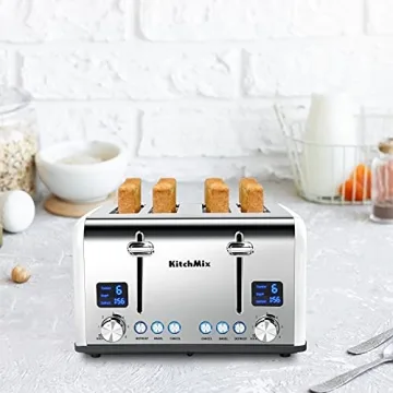 Toaster 4 Slice, KitchMix Bagel Stainless Toaster with LCD Timer, Extra Wide Slots, Dual Screen, Removal Crumb Tray (White)
