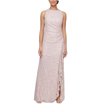 Alex Evenings Women's Long Sleeveless Mother of The Bride Dress w/Cascade Ruffle & Front Slit (Petite and Regular Sizes), Shell Pink, 10