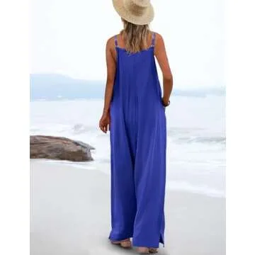 YESNO Women's Summer Boho Casual Jumpsuits Wide Leg Overalls Floral Print Baggy Rompers with Pocket 2XL PZZCR Solid Royal Blue