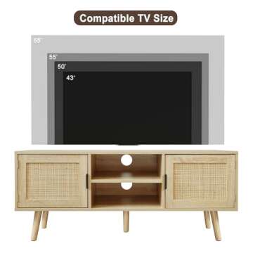 Anmytek Farmhouse Rattan TV Stand Modern Wood Media Entertainment Center Console Table for TVs up to 55 Inches with 2 Doors and 2 Open Shelves, Natural Oak, H0015