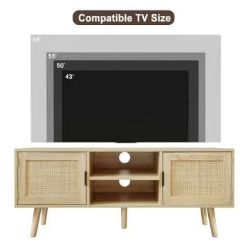 Anmytek Farmhouse Rattan TV Stand Modern Wood Media Entertainment Center Console Table for TVs up to 55 Inches with 2 Doors and 2 Open Shelves, Natural Oak, H0015