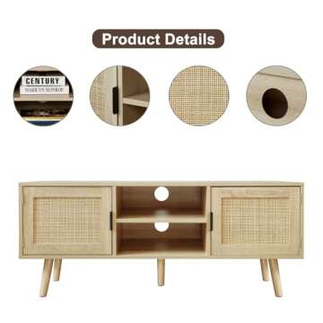 Anmytek Farmhouse Rattan TV Stand Modern Wood Media Entertainment Center Console Table for TVs up to 55 Inches with 2 Doors and 2 Open Shelves, Natural Oak, H0015