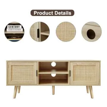Anmytek Farmhouse Rattan TV Stand Modern Wood Media Entertainment Center Console Table for TVs up to 55 Inches with 2 Doors and 2 Open Shelves, Natural Oak, H0015
