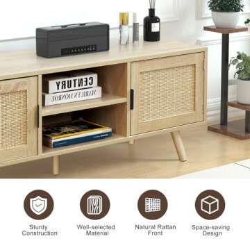 Anmytek Farmhouse Rattan TV Stand Modern Wood Media Entertainment Center Console Table for TVs up to 55 Inches with 2 Doors and 2 Open Shelves, Natural Oak, H0015