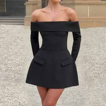 ABYOVRT Women Sexy Mini Dress Off Shoulder Long Sleeve A Line Dress Short Formal Dresses Party Clubwear