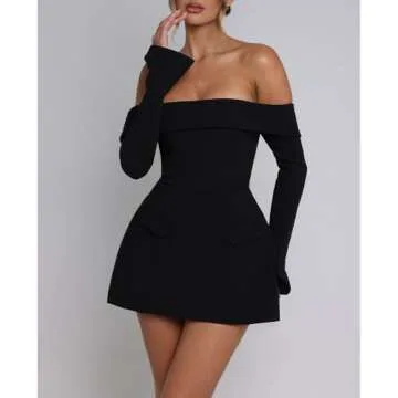 ABYOVRT Women Sexy Mini Dress Off Shoulder Long Sleeve A Line Dress Short Formal Dresses Party Clubwear