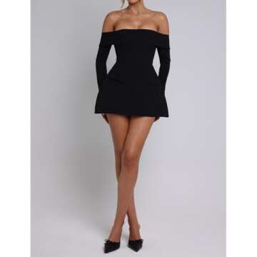 ABYOVRT Women Sexy Mini Dress Off Shoulder Long Sleeve A Line Dress Short Formal Dresses Party Clubwear