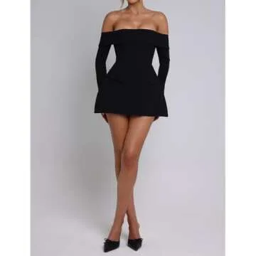 ABYOVRT Women Sexy Mini Dress Off Shoulder Long Sleeve A Line Dress Short Formal Dresses Party Clubwear