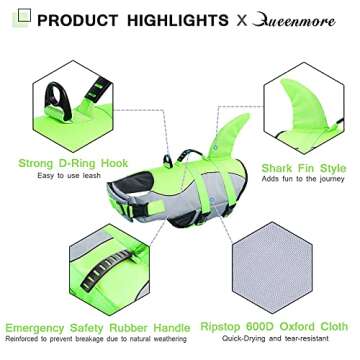 Queenmore Dog Life Jacket Ripstop Shark Dog Safety Vest Adjustable Preserver with High Buoyancy and ...