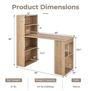 GRAFFY Computer Desk - 48" Modern Compact Writing Desk with Bookshelf and Storage Shelves