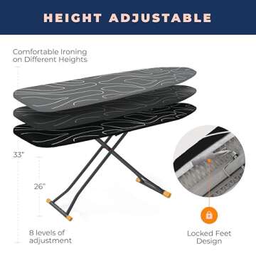 Ironing Board, Compact and Space Saver Patented Ironing Board with Extra Thick Heavy Duty Padded Cover, Height Adjustable, Easy Storage with Smart Hanger and Lightweight Design, Black (13x43)