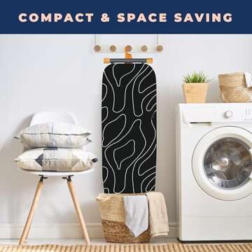 Ironing Board, Compact and Space Saver Patented Ironing Board with Extra Thick Heavy Duty Padded Cover, Height Adjustable, Easy Storage with Smart Hanger and Lightweight Design, Black (13x43)