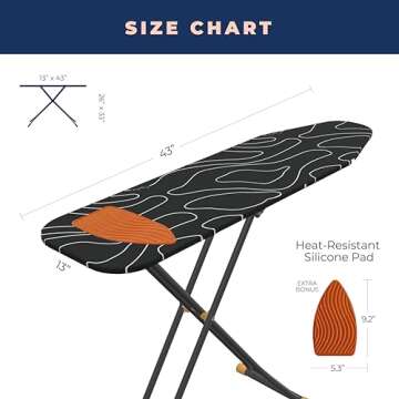 Ironing Board, Compact and Space Saver Patented Ironing Board with Extra Thick Heavy Duty Padded Cover, Height Adjustable, Easy Storage with Smart Hanger and Lightweight Design, Black (13x43)