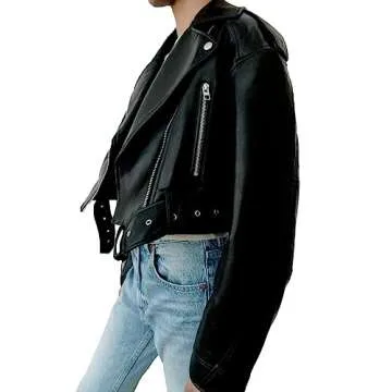 LY VAREY LIN Women Faux Leather Cropped Jacket Lapel Zipper Biker Short Coat with Belt
