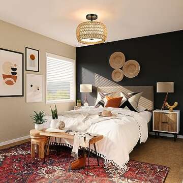 FRIDEKO HOME 3-Light Semi Flush Mount Ceiling Light - Woven Rattan Light Fixtures Ceiling Mount Boho...