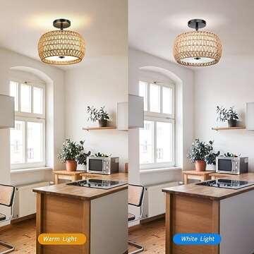 FRIDEKO HOME 3-Light Semi Flush Mount Ceiling Light - Woven Rattan Light Fixtures Ceiling Mount Boho Light Fixture with Fabric Shade Ceiling Light Fixture for Bedroom Kitchen Hallway Dining Room