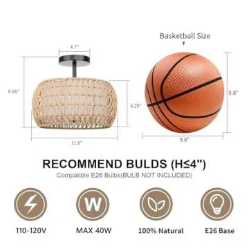 FRIDEKO HOME 3-Light Semi Flush Mount Ceiling Light - Woven Rattan Light Fixtures Ceiling Mount Boho Light Fixture with Fabric Shade Ceiling Light Fixture for Bedroom Kitchen Hallway Dining Room