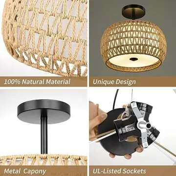 FRIDEKO HOME 3-Light Semi Flush Mount Ceiling Light - Woven Rattan Light Fixtures Ceiling Mount Boho Light Fixture with Fabric Shade Ceiling Light Fixture for Bedroom Kitchen Hallway Dining Room