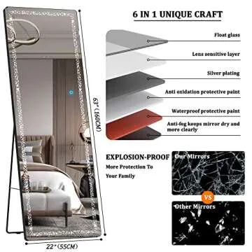 Hasipu Full Length Mirror 62" x 23",Full Body Mirror with Triangle Pattern Led Light, Mirror Full Length with Stand Wall Mounted and Floor Standing Mirror Dimming & 3 Color Modes (Black)