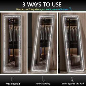 Hasipu Full Length Mirror 62" x 23",Full Body Mirror with Triangle Pattern Led Light, Mirror Full Length with Stand Wall Mounted and Floor Standing Mirror Dimming & 3 Color Modes (Black)