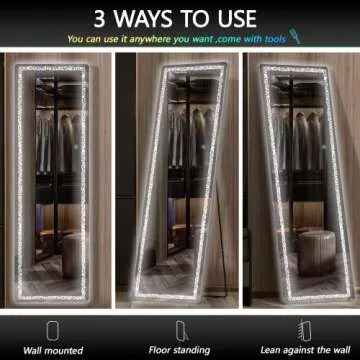 Hasipu Full Length Mirror 62" x 23",Full Body Mirror with Triangle Pattern Led Light, Mirror Full Length with Stand Wall Mounted and Floor Standing Mirror Dimming & 3 Color Modes (Black)