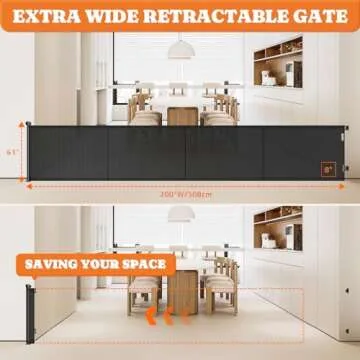 Pawtners Retractable Baby Gates Extra Wide, 41" Tall Extends up to 200" Wide, Dog Gate Indoor with Cat Door for Stairs, Pet Gate with Support Rods for Doorways Hallways Indoor & Outdoor-Black