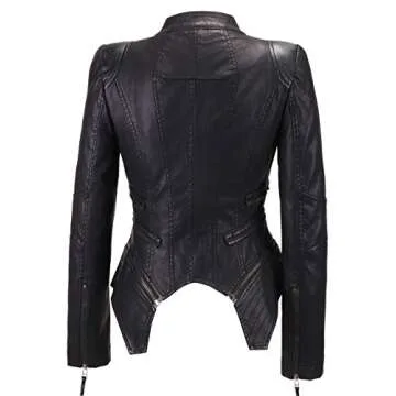 chouyatou Women's Fashion Studded Perfectly Shaping Faux Leather Biker Jacket (Medium, New-Black)