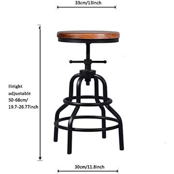 Topower Retro Antique Industrial Design Metal Adjustable Height Bar Stool Chair Kitchen Dining Breakfast Chair Natural Pinewood Industrial Style (Black 2pcs)