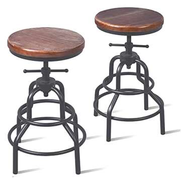 Topower Retro Antique Industrial Design Metal Adjustable Height Bar Stool Chair Kitchen Dining Breakfast Chair Natural Pinewood Industrial Style (Black 2pcs)