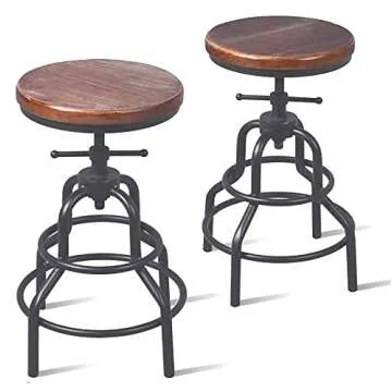 Topower Retro Antique Industrial Design Metal Adjustable Height Bar Stool Chair Kitchen Dining Breakfast Chair Natural Pinewood Industrial Style (Black 2pcs)