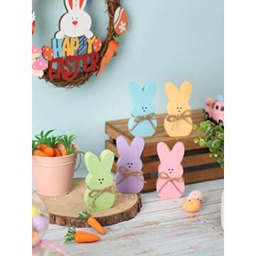 5Pcs Easter Wooden Peep Bunny Sign Tiered Tray Decor, Rabbit Table Centerpieces with Jute Rope Easte...