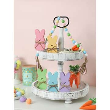 5Pcs Easter Wooden Peep Bunny Sign Tiered Tray Decor, Rabbit Table Centerpieces with Jute Rope Easter Freestanding Rabbit Tabletop Decoration for Spring
