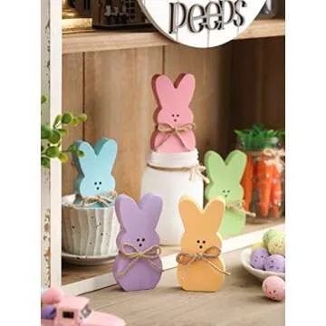 5Pcs Easter Wooden Peep Bunny Sign Tiered Tray Decor, Rabbit Table Centerpieces with Jute Rope Easter Freestanding Rabbit Tabletop Decoration for Spring