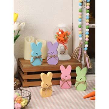 5Pcs Easter Wooden Peep Bunny Sign Tiered Tray Decor, Rabbit Table Centerpieces with Jute Rope Easter Freestanding Rabbit Tabletop Decoration for Spring