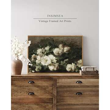 InSimSea Framed Canvas Wall Art Vintage Decor, Room Decor White Roses Still Life Paintings Canvas Pr...