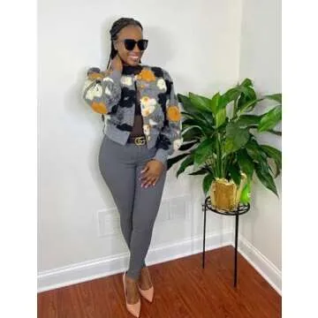 BQDCQB Womens Cropped Floral Print Jacket Warm Fleece Bomber Jacket Casual Button Down Coats Fall Puff Outerwears Grey L