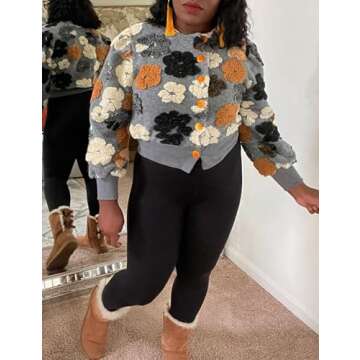 BQDCQB Womens Cropped Floral Print Jacket Warm Fleece Bomber Jacket Casual Button Down Coats Fall Puff Outerwears Grey L