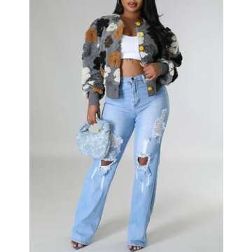 BQDCQB Womens Cropped Floral Print Jacket Warm Fleece Bomber Jacket Casual Button Down Coats Fall Puff Outerwears Grey L