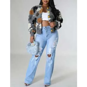 BQDCQB Womens Cropped Floral Print Jacket Warm Fleece Bomber Jacket Casual Button Down Coats Fall Puff Outerwears Grey L