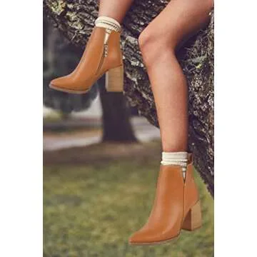 Juliet Holy Women's V Cut Ankle Boots Pointed Toe Stacked Chunky Heel Side Zipper Leather Cutout Western Booties